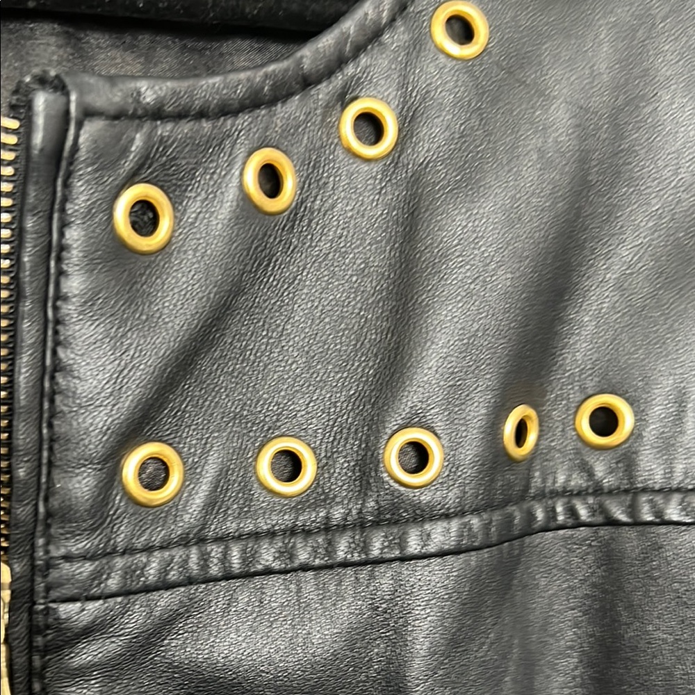 Joanna Hope Black Leather Jacket with Gold Grommets and Zippered Pockets 16 - Picture 4 of 9